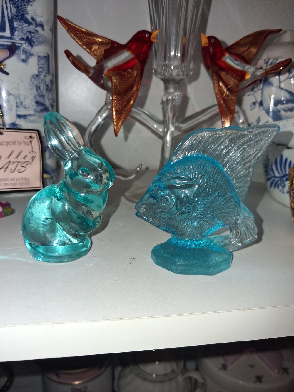Fenton Blue Glass Animal Set – Figurine Rabbit & Fish – Collectible Art Glass